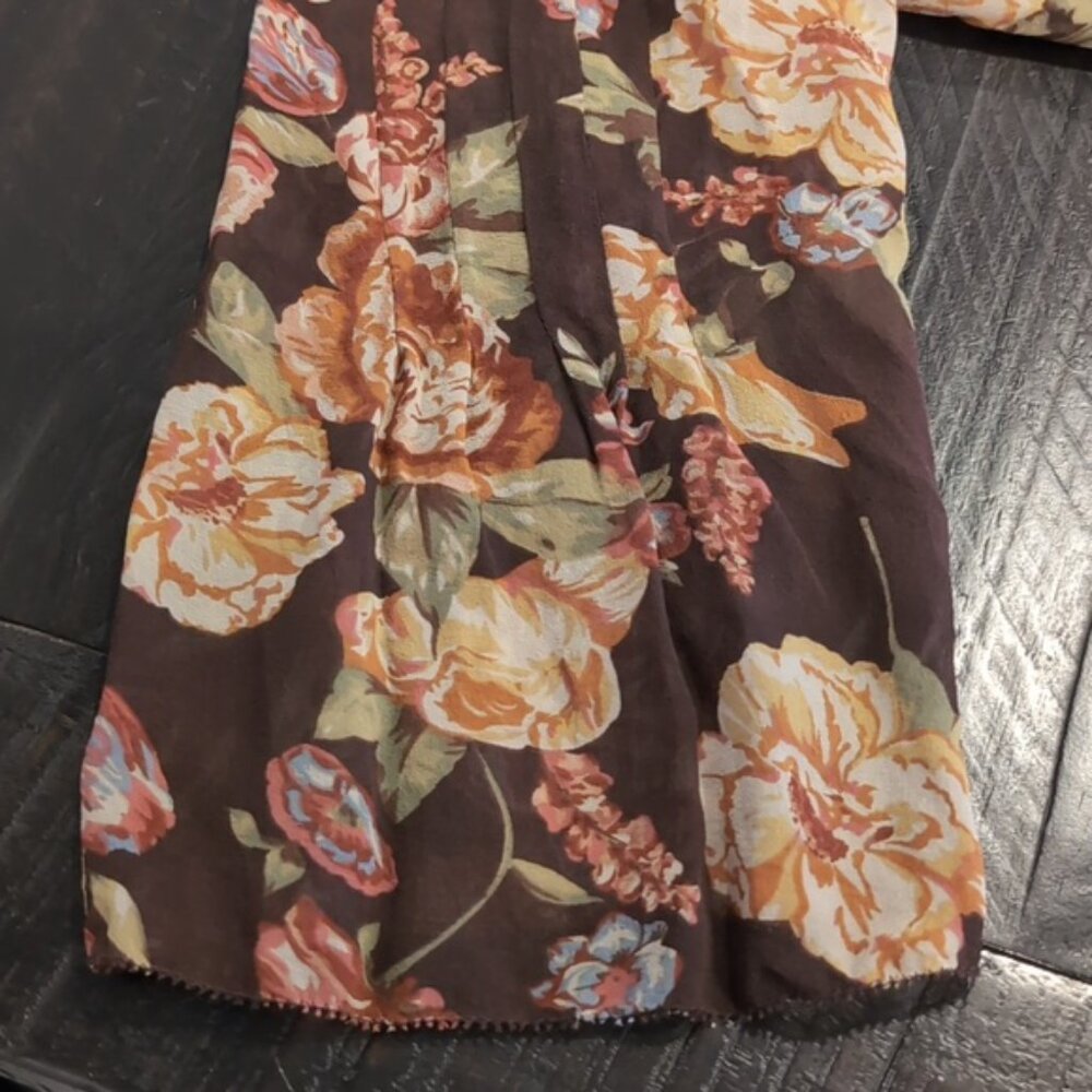 CAbi Pure Silk Top Floral Pintucked Velvet Buttoned Shirt Brown Womens Medium - Picture 13 of 14